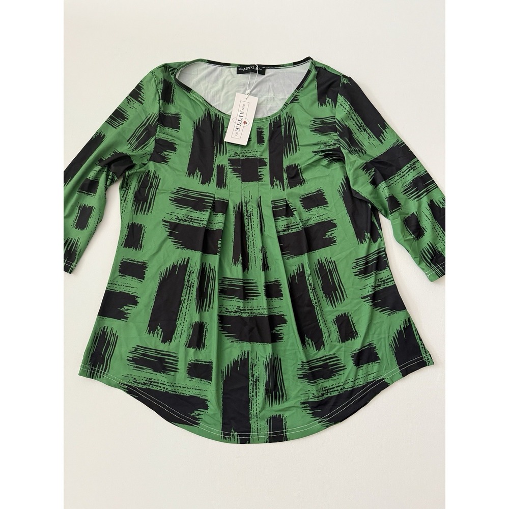 Appleline Green Black Abstract Print Blouse 3/4 Sleeve Tunic Top Plus Size L NWT